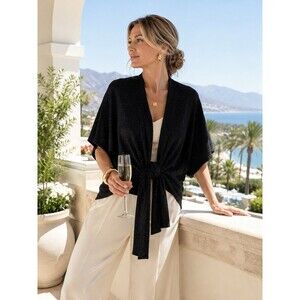 Trina Turk Cashmere Blend Tie Front Cardigan Black Shimmer OS